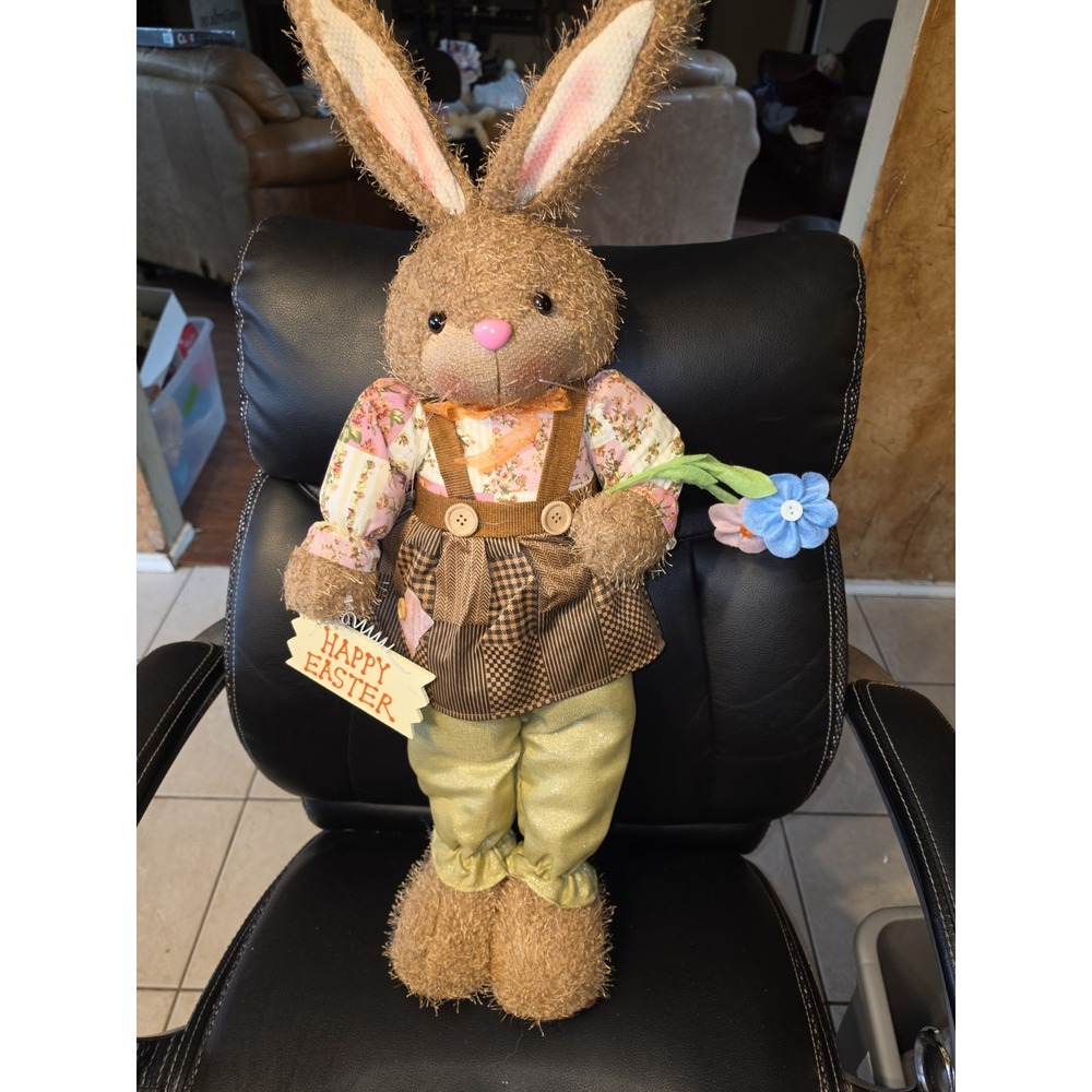 32" Standing charming, handcrafted-style plush Easter bunny doll wearing rustic